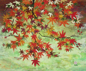 Maples In Autumn by Madhu Jain, Original Tempera Landscape Painting on Handmade Paper, Small Horizontal Wall Art