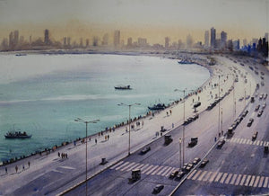 Marine Drive Mumbai (Marine Drive, Mumbai) by Arup Lodh, Original Watercolor Seascape Painting on Fabriano Paper, Medium Horizontal Wall Art