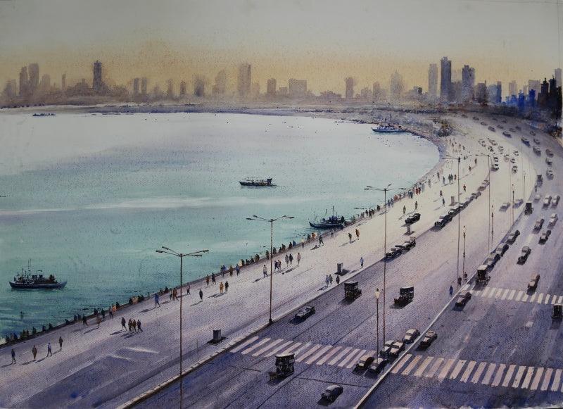 Seascape watercolor painting titled 'Marine Drive Mumbai', 30x43 inches, by artist Arup Lodh on Fabriano Paper
