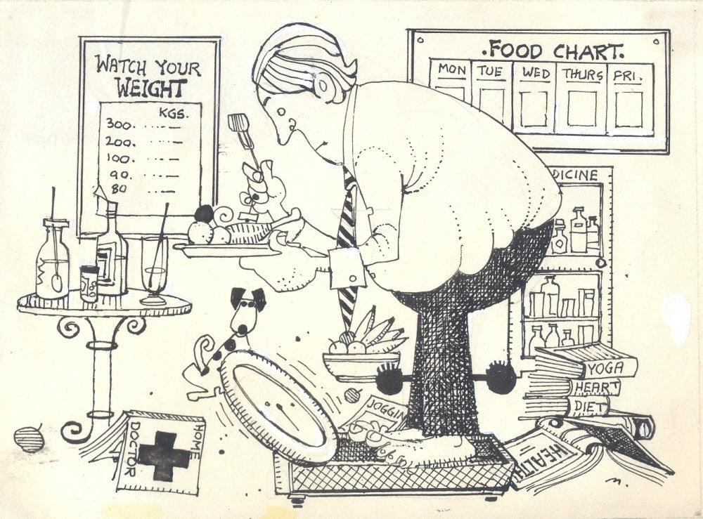 Cartoon pen ink drawing titled 'Mario Miranda Original B111', 5x7 inches, by artist Mario Miranda on Paper