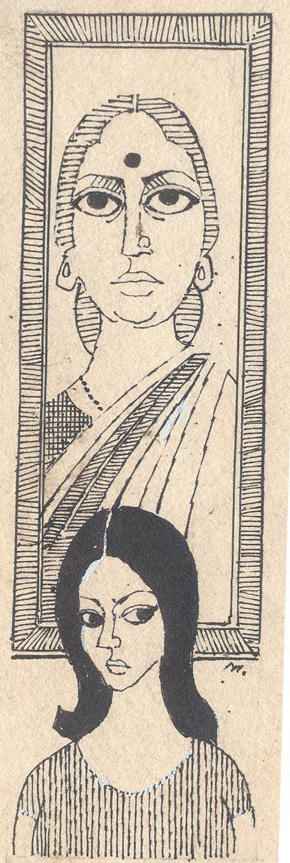 Figurative pen ink drawing titled 'Mario Miranda Original B119', 6x3 inches, by artist Mario Miranda on Paper