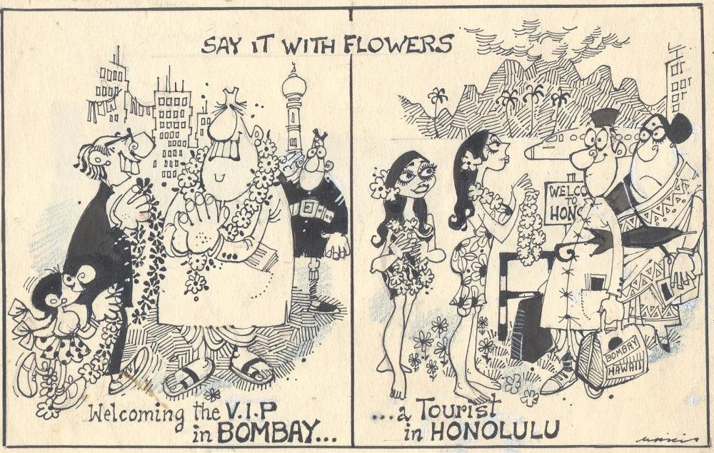 Cartoon pen ink drawing titled 'Mario Miranda Original B245', 5x8 inches, by artist Mario Miranda on Paper