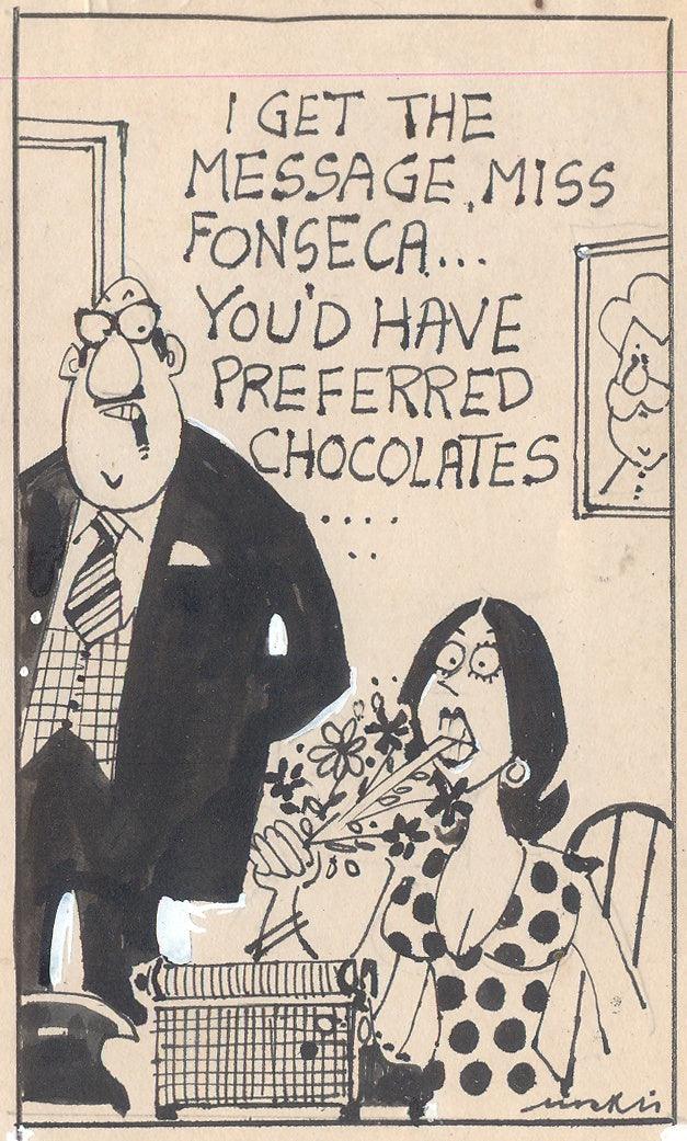 Cartoon pen ink drawing titled 'Mario Miranda Original C91', 5x3 inches, by artist Mario Miranda on Paper