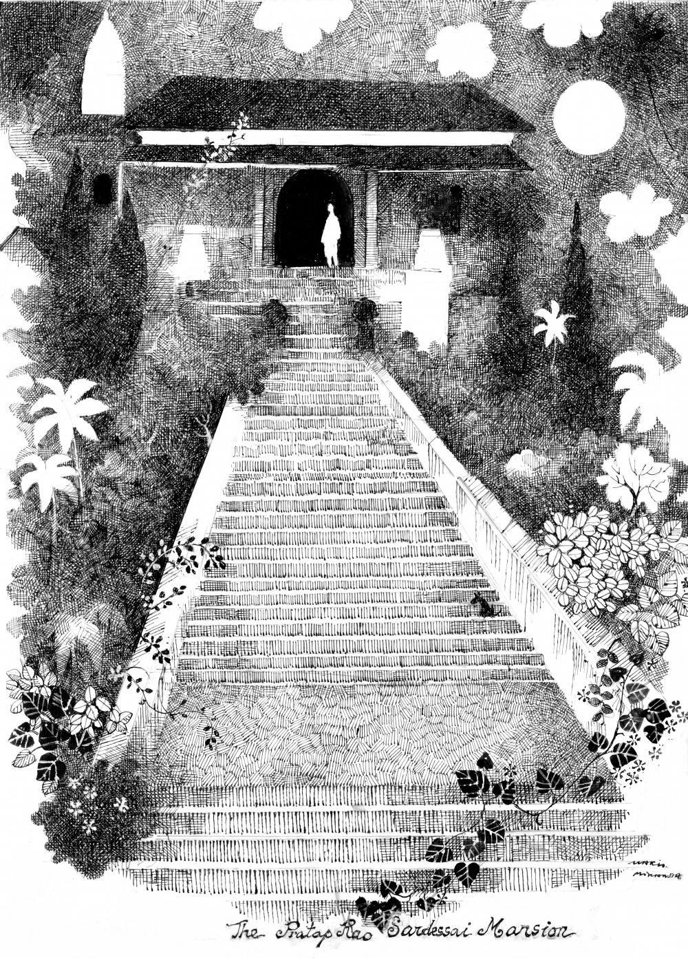 Cityscape pen ink drawing titled 'Mario Miranda Original D13', 16x12 inches, by artist Mario Miranda on Paper