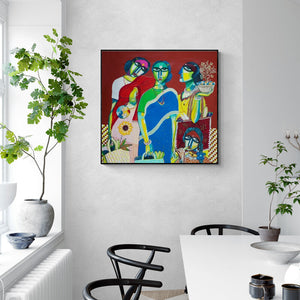 Preview of 'Market (Market Day)' Painting by Arun K Mishra shown on a wall in a furnished room.