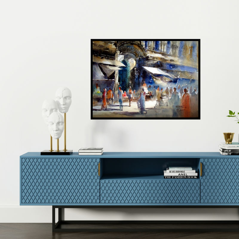 In-situ view of Sanjay Dhawale's 'Market At Puri' painting in a room