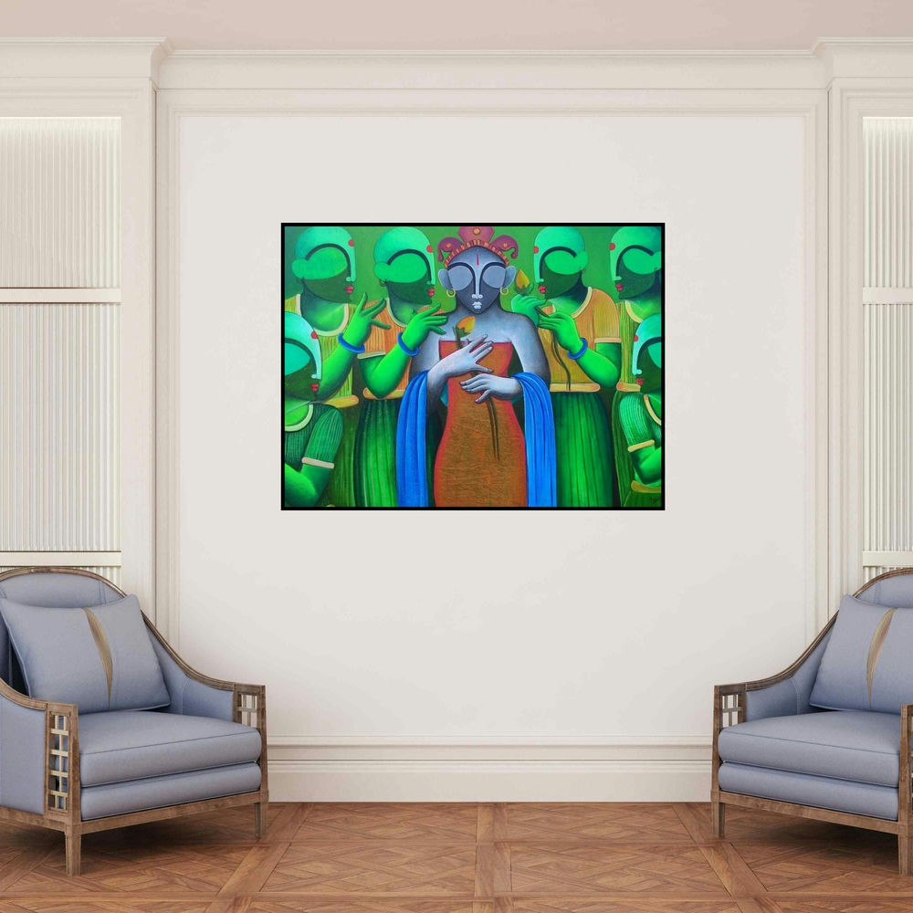 'Marrage Ceremony' painting by Anupam Pal shown on a wall in a furnished room.