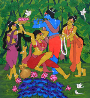Mash (Krishna with Gopis) by Chetan Katigar, Original Acrylic Religious Painting on Canvas, X-Large Vertical Wall Art