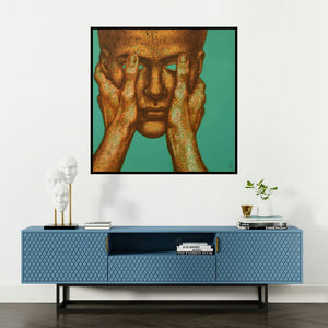 'The Mask' painting by Nilesh Vede shown on a wall in a furnished room.