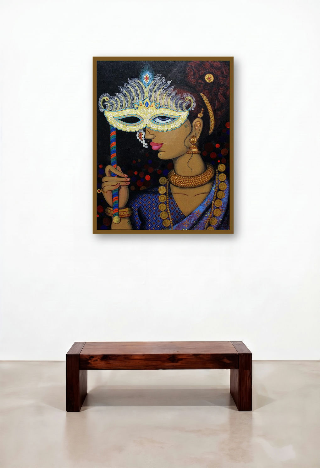 Mask 1 (The Veiled Gaze) by artist Varsha Kharatamal displayed in a Industrial Family Room