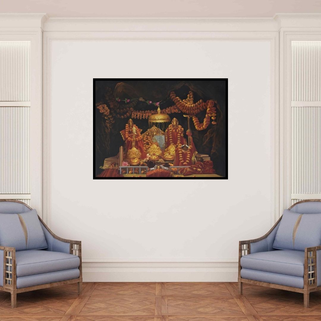 In-situ view of Kamal Rao's 'Mata Vaishno Devi (Divine Abode Mata Vaishno Devi Shrine)' painting in a room