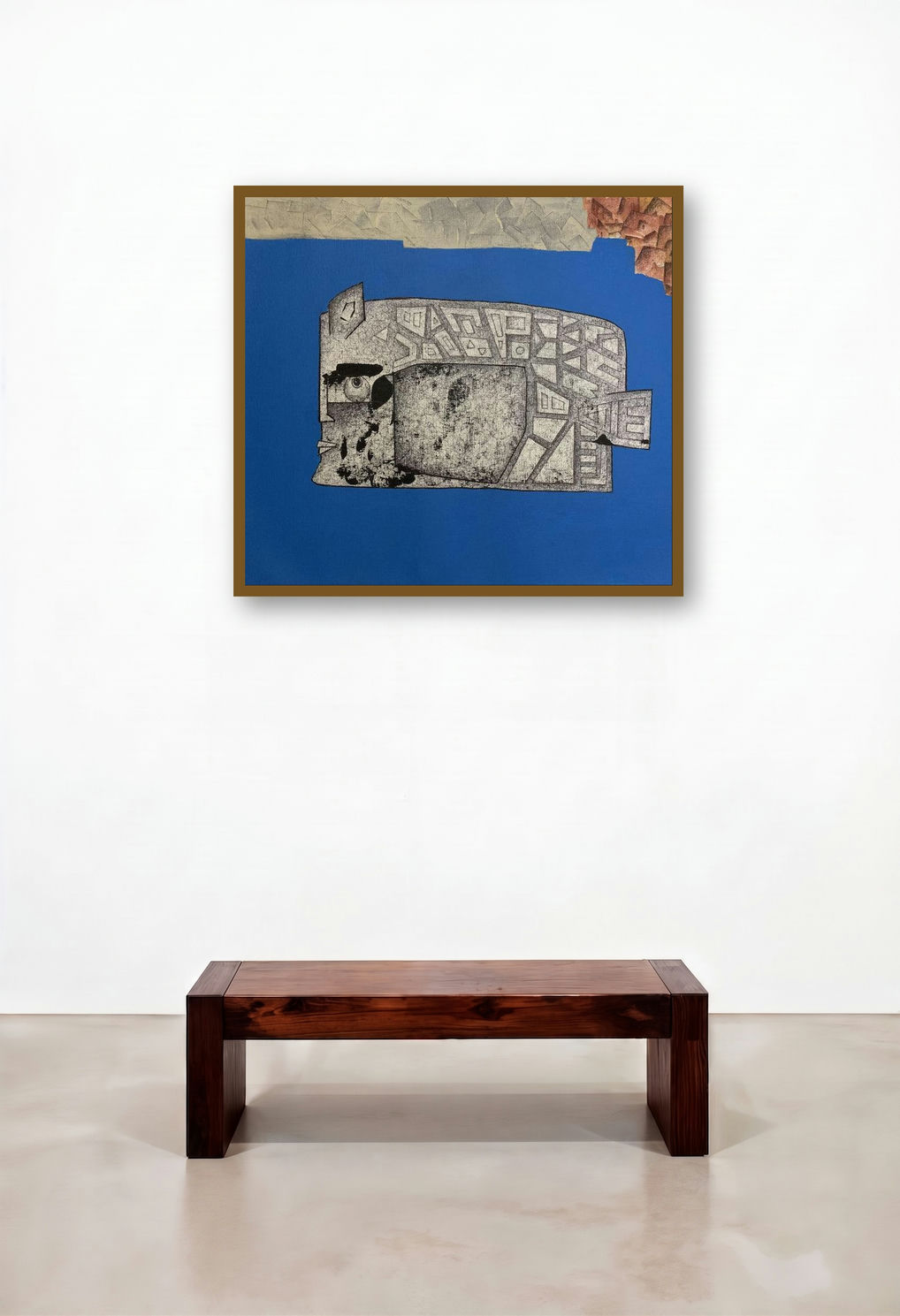 Matsya (Abstract Fish) (Abstract Fish Blue Abyss) by artist Amit Pithadia displayed in a Rustic Bedroom