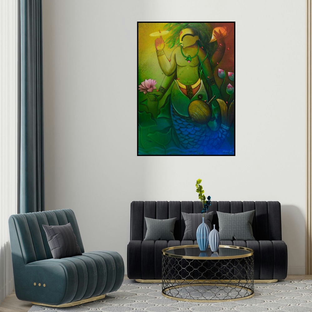 'Matsya Avtar (Matsya Avatar Vishnu as the Fish) (Matsya Avatar)' painting by Anupam Pal shown on a wall in a furnished room.