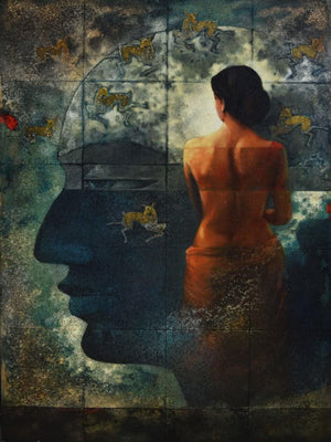 Mayabono Biharini Horini by Sanjib Gogoi, Original Acrylic Oil Figurative Painting on Canvas, X-Large Vertical Wall Art