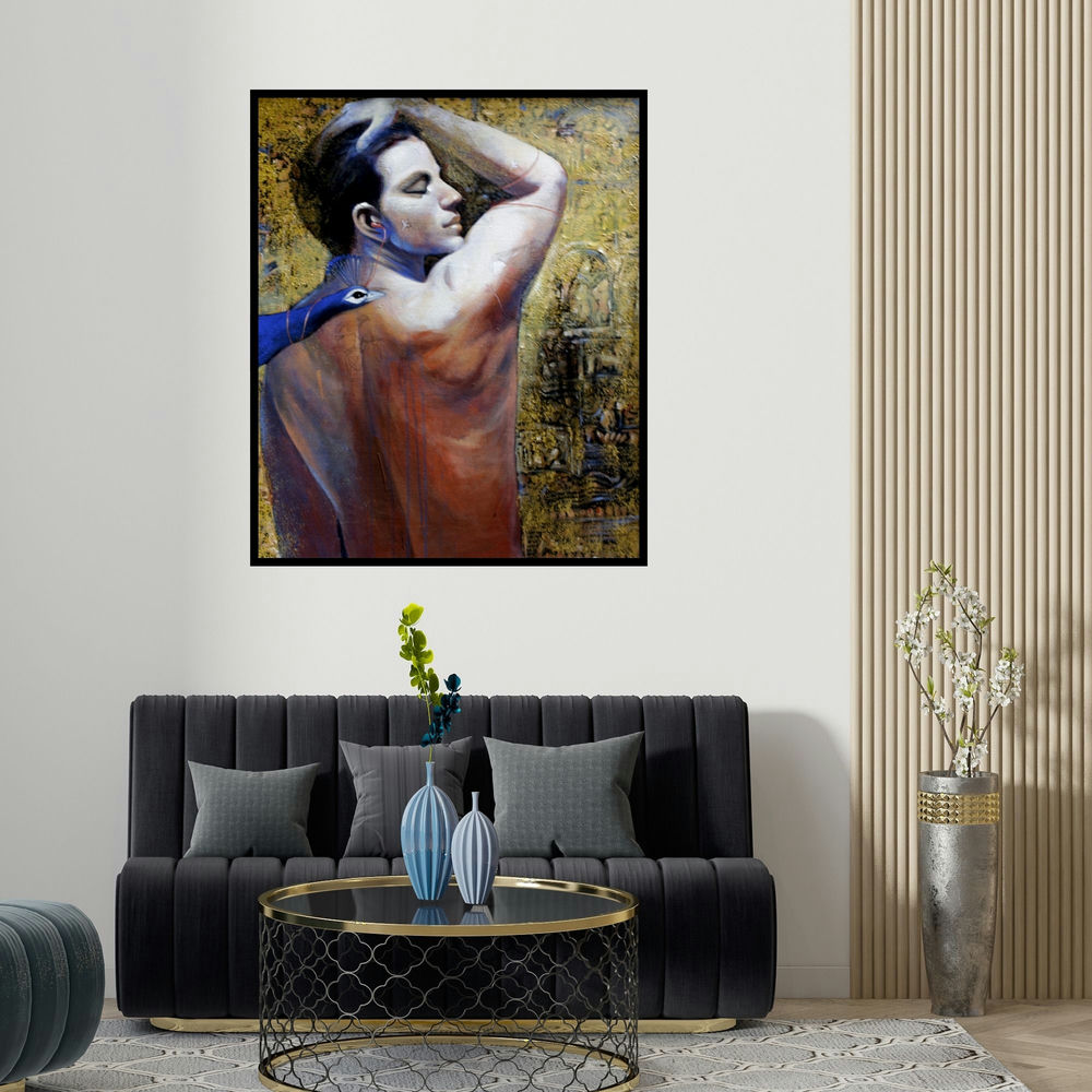 'Me' painting by Jiban Biswas shown on a wall in a furnished room.