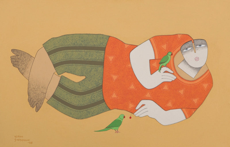 'Me And The Parrots' figurative acrylic-charcoal painting by artist Kiran Sherkhane, 24x36 inch, on canvas