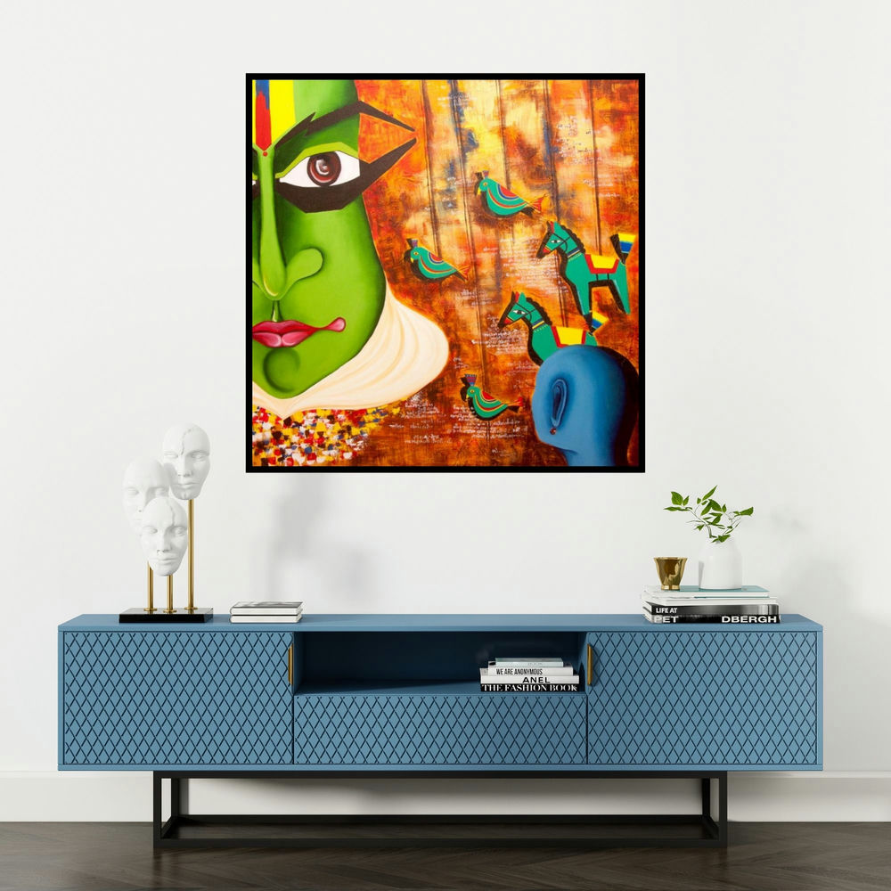 'Me & The Mask' painting by Deepali Mundra shown on a wall in a furnished room.