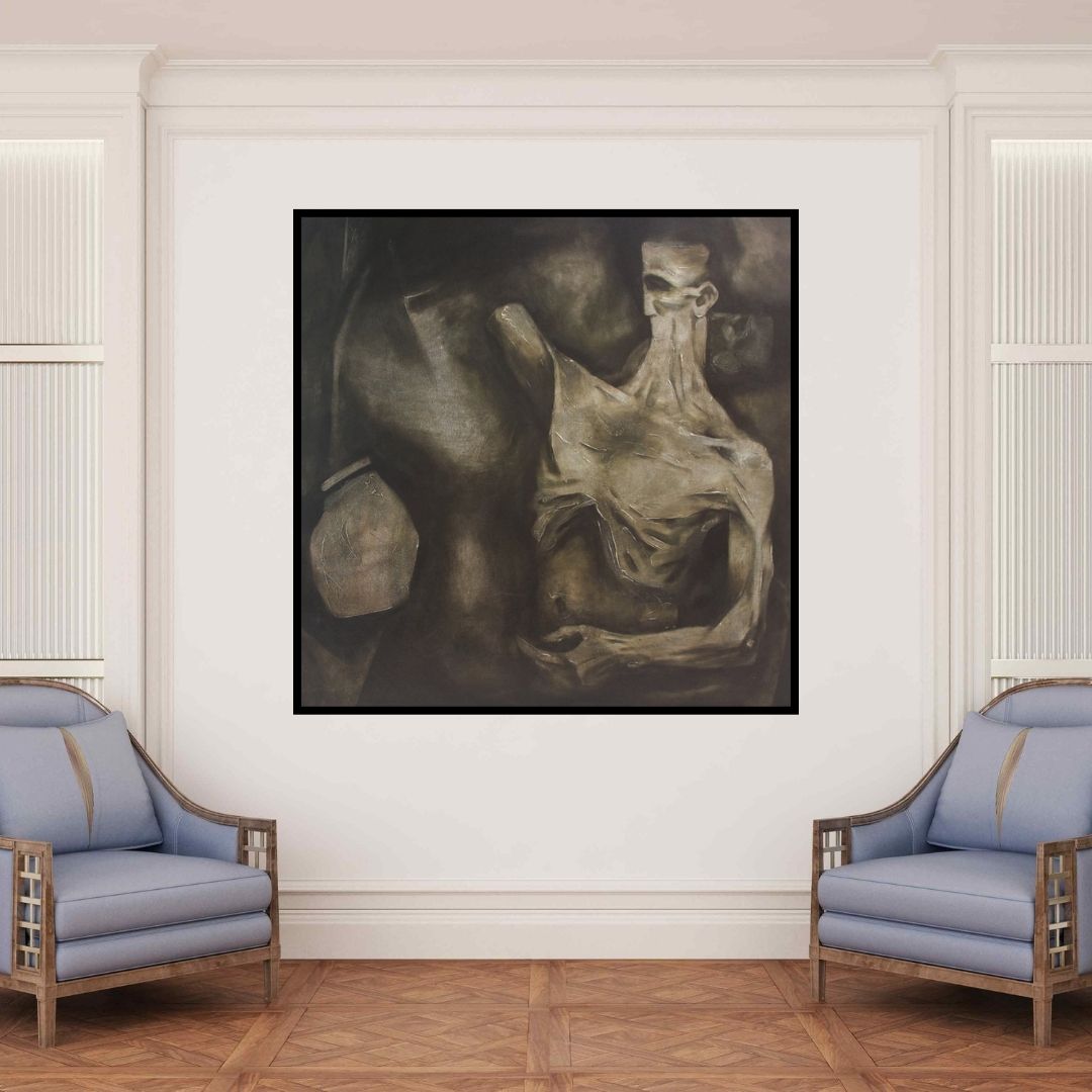 In-situ view of Akashay Avsare's 'Me2 (The Burden of Existence)' painting in a room