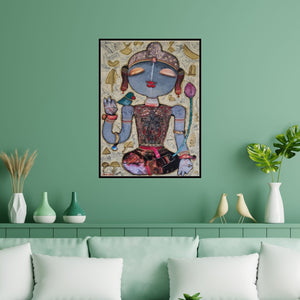 Preview of 'Meditating Buddha (Divine Playfulness)' Painting by G Subramanian shown on a wall in a furnished room.