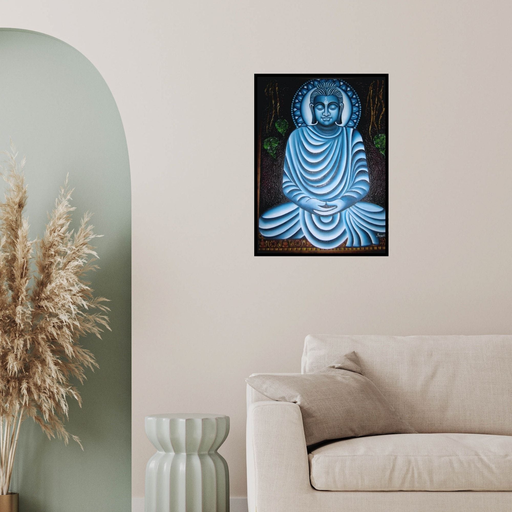 In-situ view of Ramesh Patel's 'Meditating Buddha' painting in a room