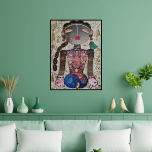 Preview of 'Meditating Girl (Serene Contemplation)' Painting by G Subramanian shown on a wall in a furnished room.