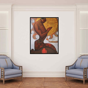 In-situ view of Ramesh Gujar's 'Meditation (City Under Moonlight)' painting in a room