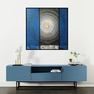 'Meditation 177 (The Eye of the Universe)' painting by Nilesh Nikam shown on a wall in a furnished room.