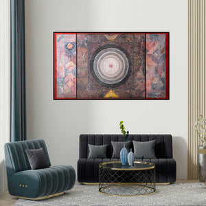 Nilesh Nikam's 'Meditation 183 (The Cosmic Dance)' painting visualized above a sofa in a contemporary room.