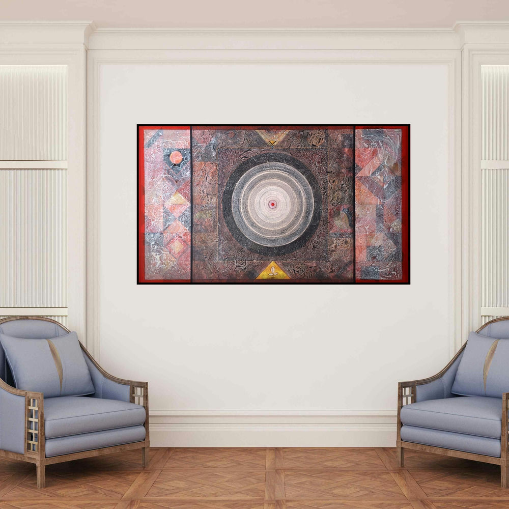 'Meditation 183 (The Cosmic Dance)' painting by Nilesh Nikam shown on a wall in a furnished room.