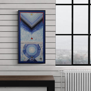 Preview of 'Meditation 185 (Celestial Contemplation)' Painting by Nilesh Nikam shown on a wall in a furnished room.