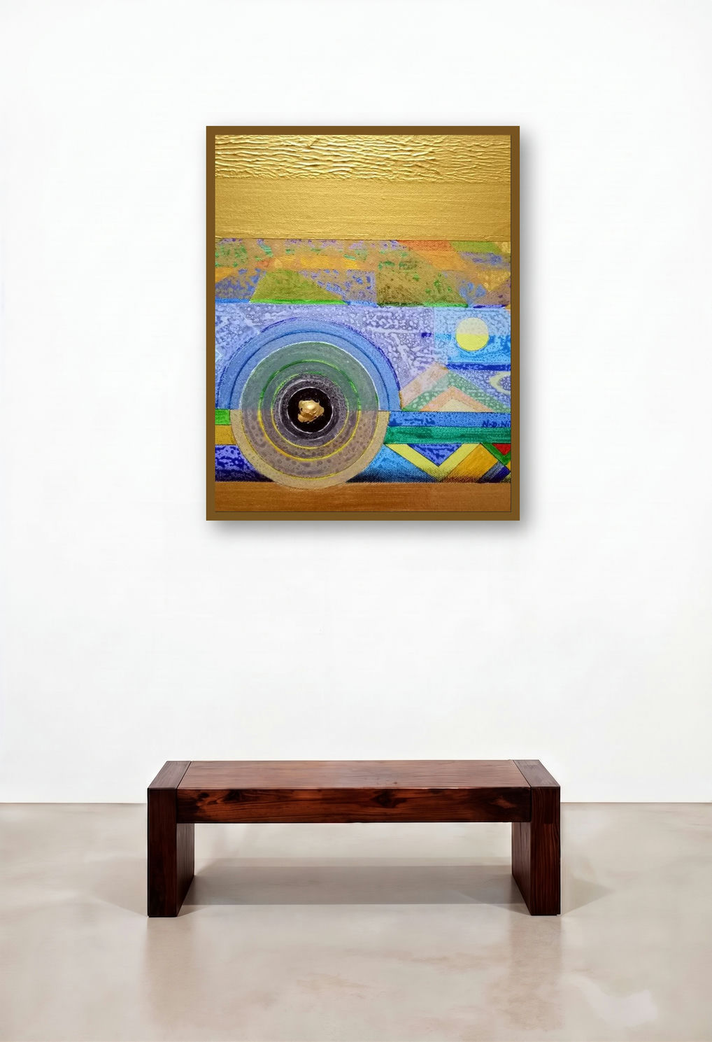Meditation 58 (Golden Harmony) by artist Nilesh Nikam displayed in a Traditional Reception Area