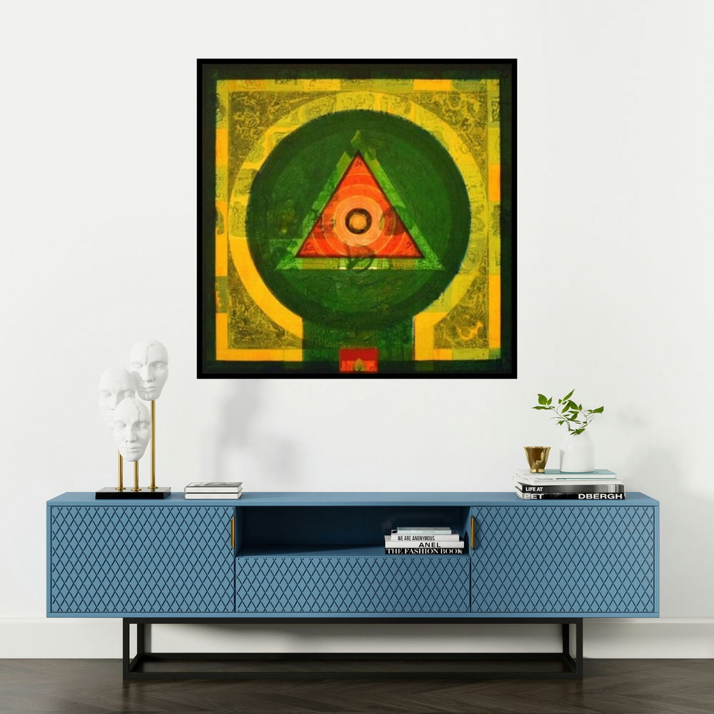 'Meditation 61 (The Cosmic Seed)' painting by Nilesh Nikam shown on a wall in a furnished room.