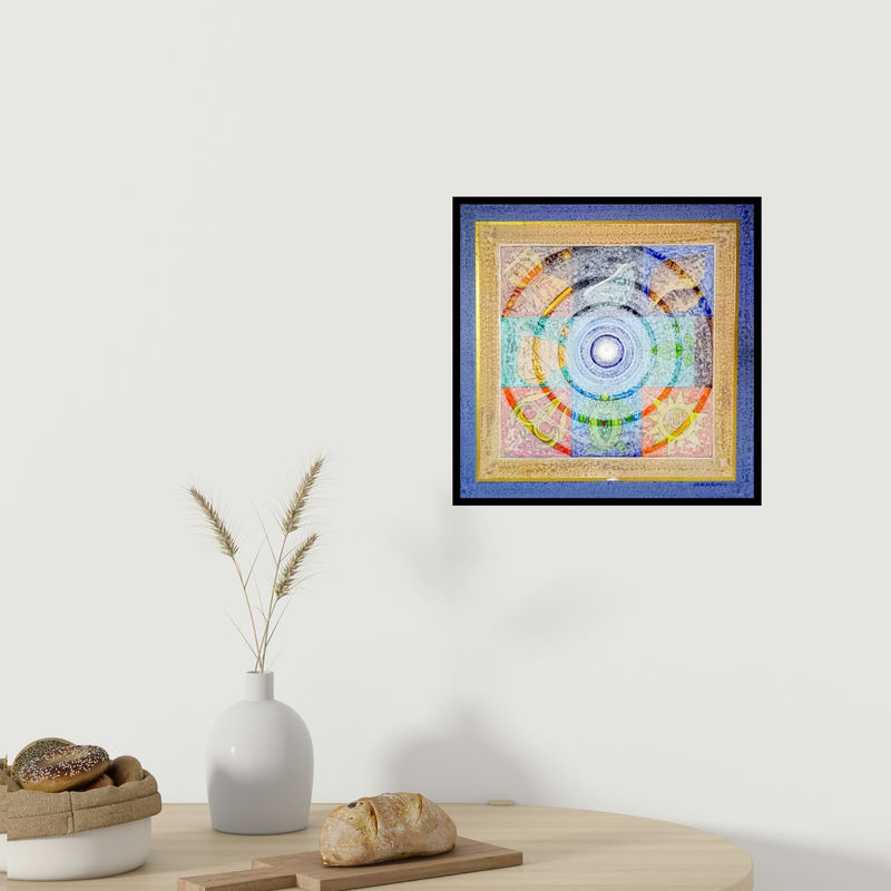 In-situ view of Nilesh Nikam's 'Meditation 93 (Blue Mandala with Symbols)' painting in a room