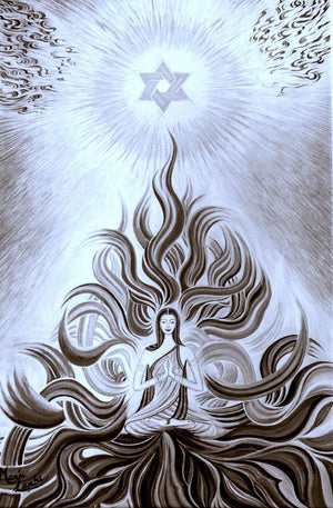 Meditation B/W (Inner Illumination) by Manju Lamba, Print Oil Figurative Painting on Canvas, X-Small Vertical Wall Art