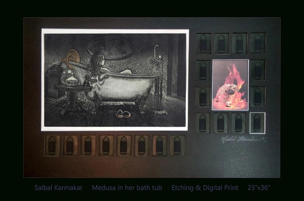 contemporary printmaking titled 'Medusha In Her Bathtub', 23x36 inches, by artist Saibal Karmakar on Paper