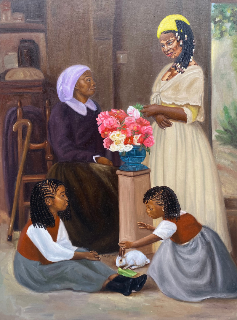 'At Meemaws Place 2' figurative oil painting by artist Ganiyat Abdulazeez, 48x36 inch, on canvas