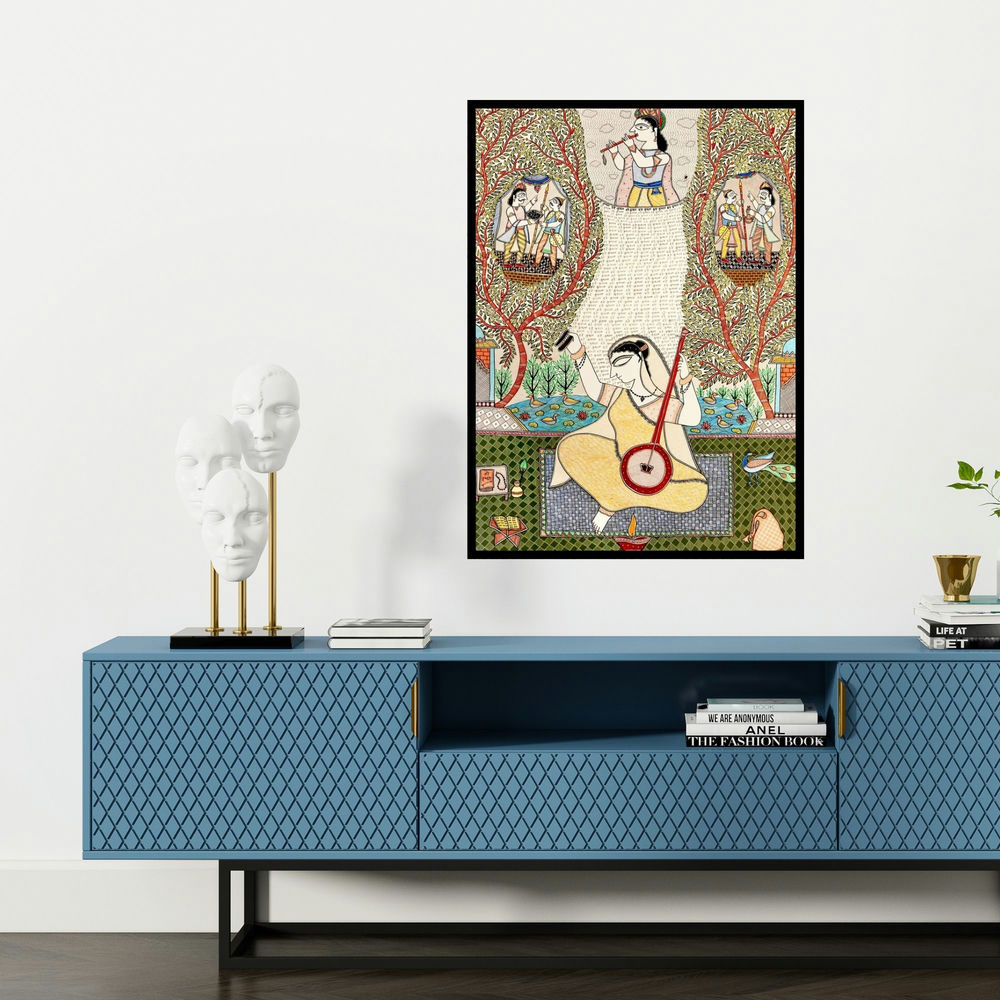 'Meera Bai (Divine Symphony)' painting by Avinash Karn shown on a wall in a furnished room.