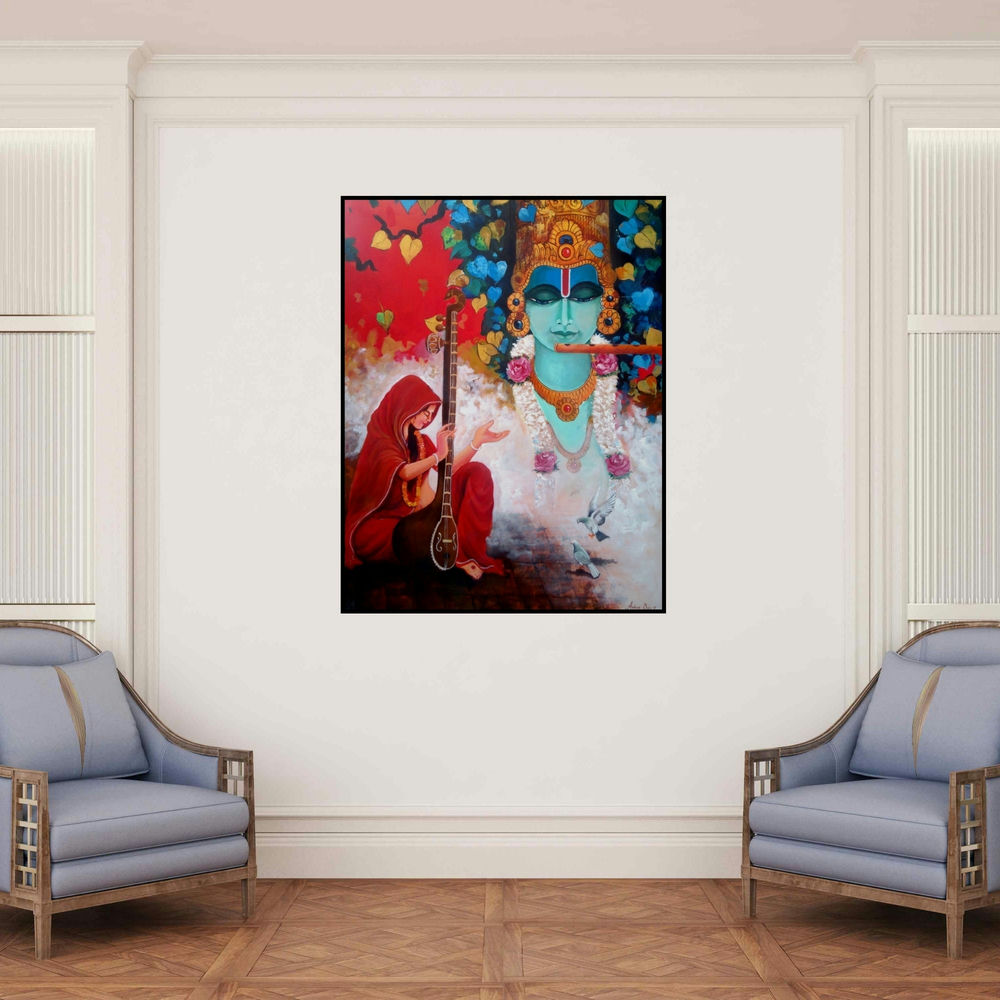 'Meera Ke Krishna 3' painting by Arjun Das shown on a wall in a furnished room.