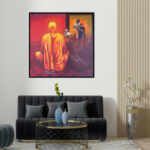 Ram Onkar's 'Meera With Krishna (Vishnu and Lakshmi on Garuda)' painting visualized above a sofa in a contemporary room.