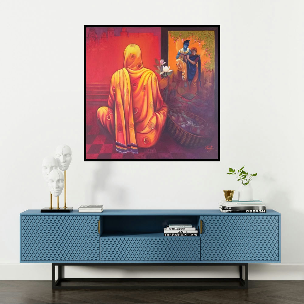 'Meera With Krishna (Vishnu and Lakshmi on Garuda)' painting by Ram Onkar shown on a wall in a furnished room.