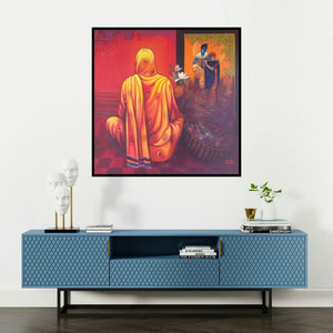 'Meera With Krishna (Vishnu and Lakshmi on Garuda)' painting by Ram Onkar shown on a wall in a furnished room.