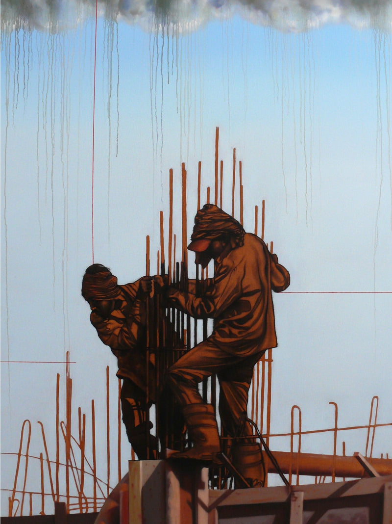 Meeting With Clouds' figurative acrylic-oil painting by artist Abid Shaikh, 48x36 inch, on canvas