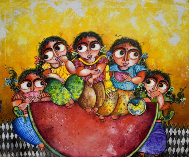 Mellow Friends' figurative acrylic painting by artist Sharmi Dey, 30x40 inch, on canvas