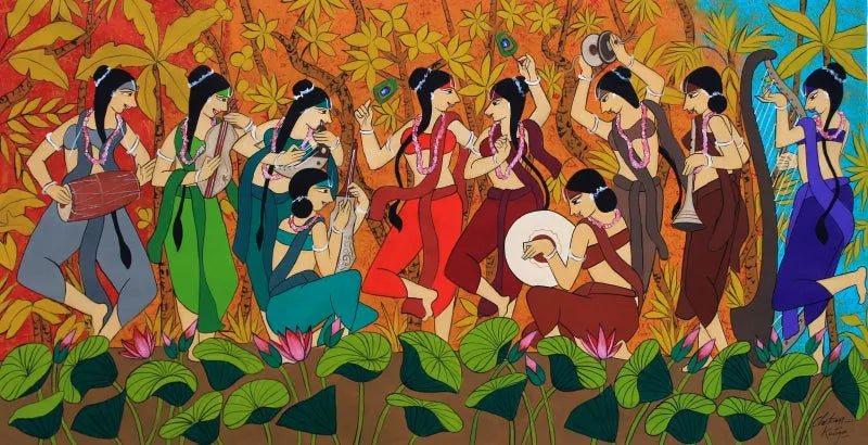 Religious acrylic painting titled 'Melodic Ragas', 37x71 inch, by artist Chetan Katigar on Canvas