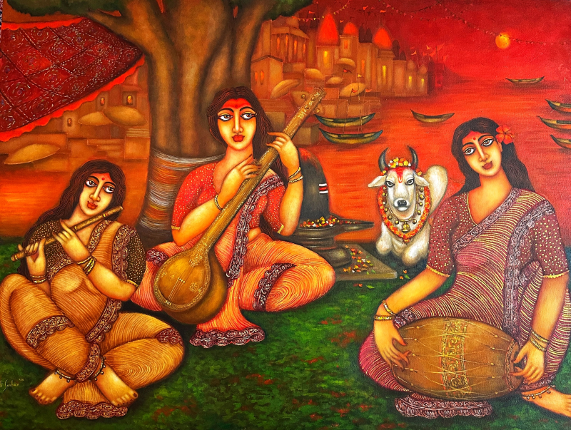 'Melodies Of The Sacred Ghat' figurative acrylic painting by artist Piyali Sarkar, 30x40 inch, on canvas
