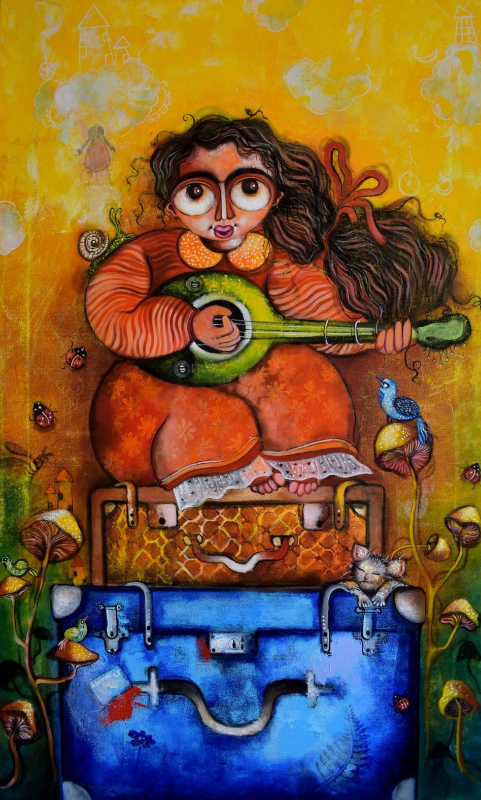 Melodies In A Suitcase A Nomad Lullaby' figurative acrylic painting by artist Sharmi Dey, 40x20 inch, on canvas