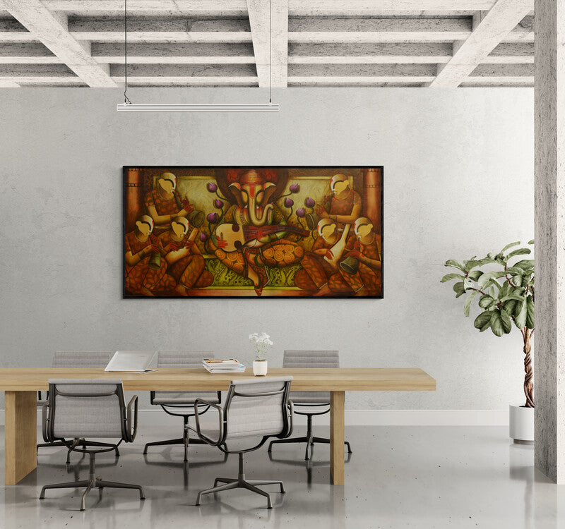 In-situ view of Anupam Pal's 'Melody Of The Divine (Ganesha's Symphony)' painting in a room
