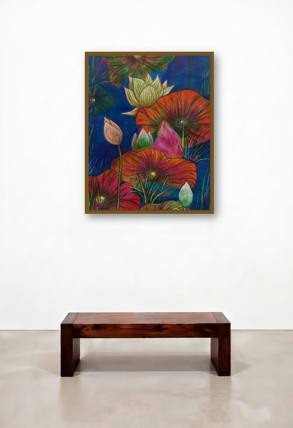 Melody Of Lotus 1 (Jewel of the Pond) by artist Atin Mitra displayed in a Mid-Century Modern Living Room