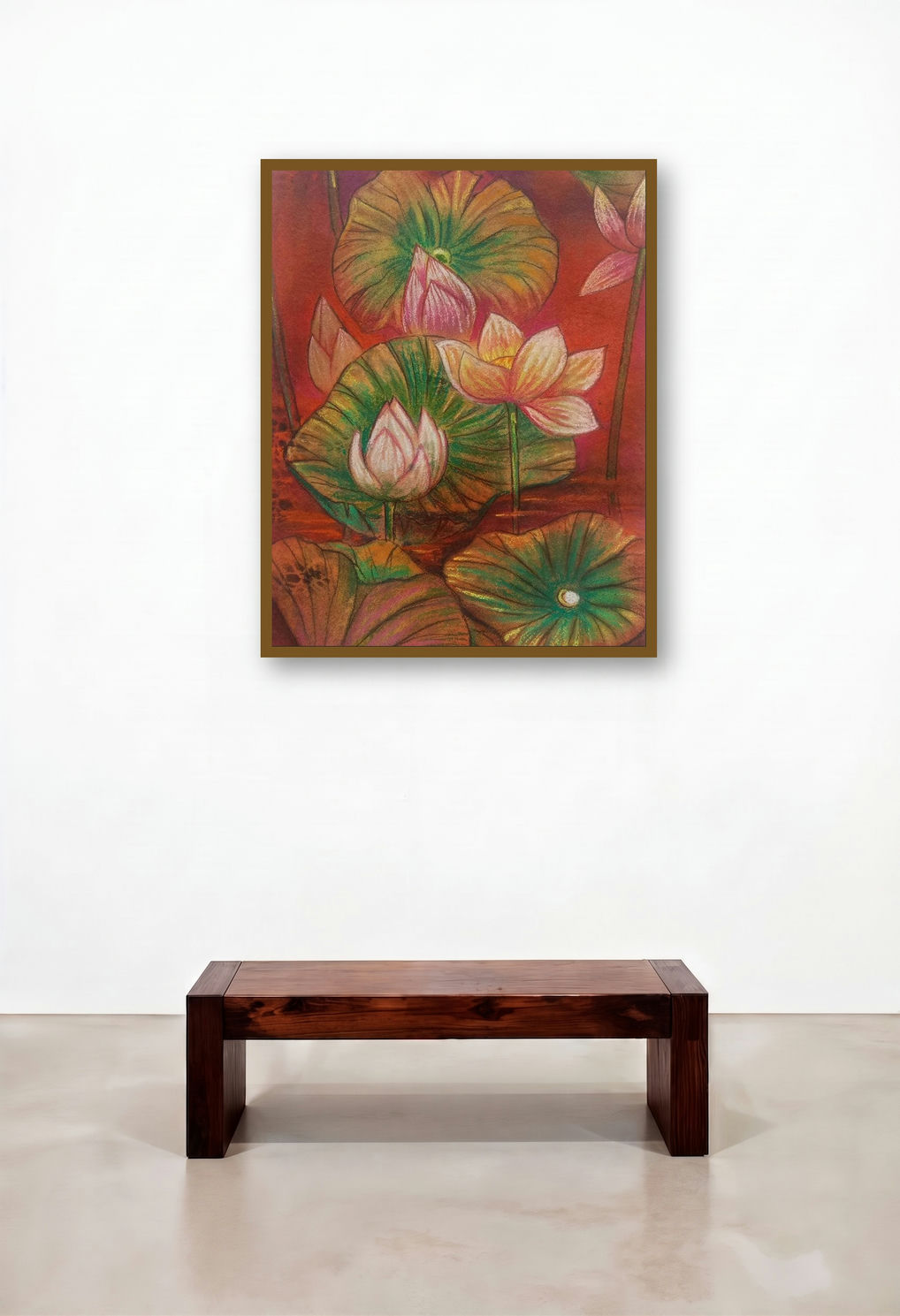 Melody Of Lotus 2 (Golden Reflections) by artist Atin Mitra displayed in a Mid-Century Modern Penthouse