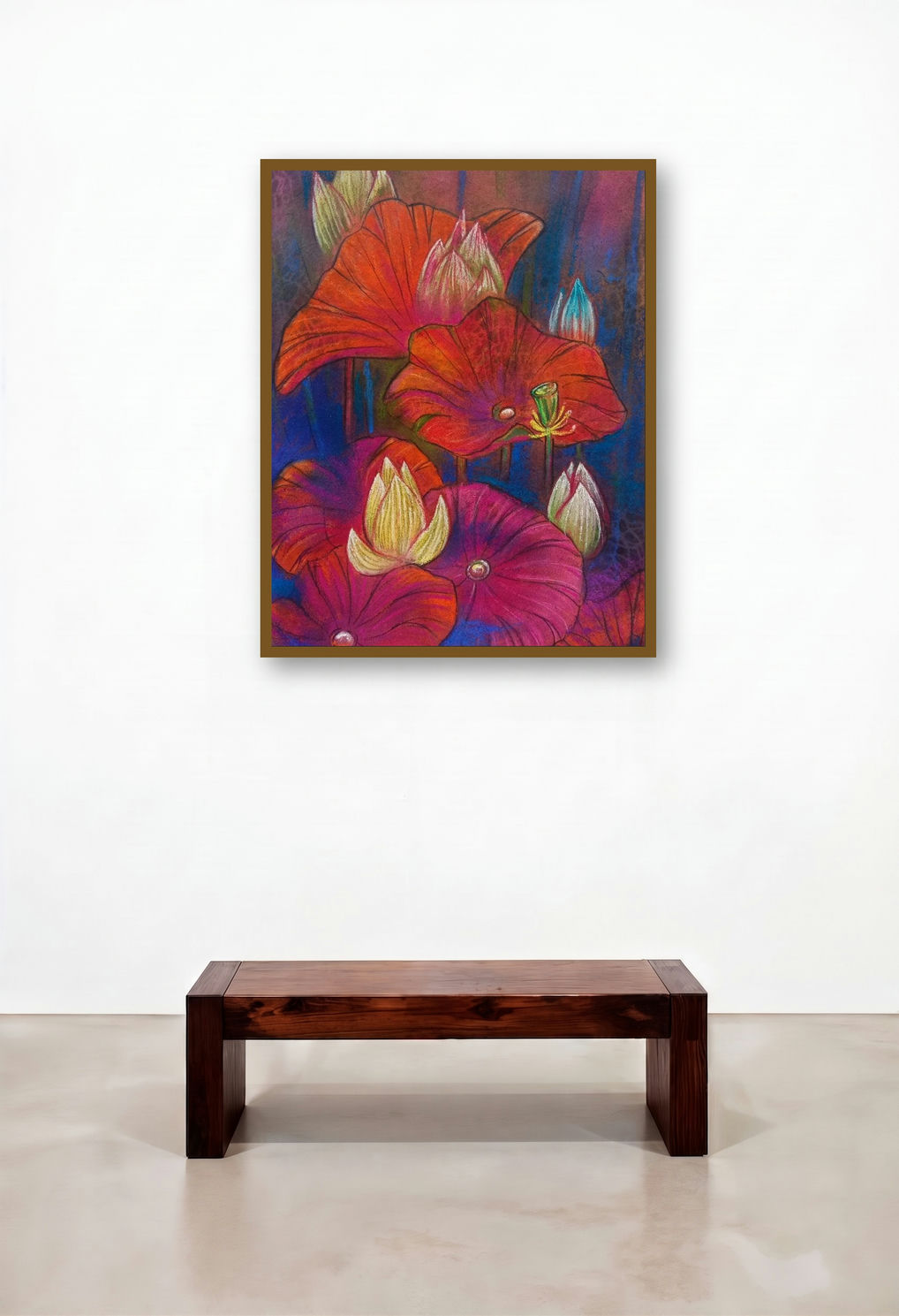 Melody Of Lotus 3 (Fiery Petals) by artist Atin Mitra displayed in a Boutique Hotel Style Bedroom